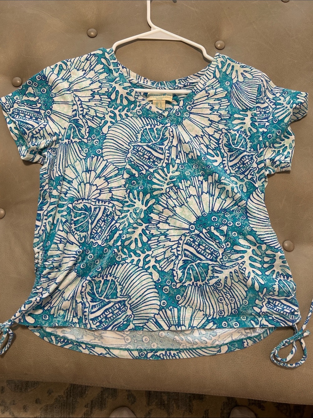 Caribbean Joe Teal and White Shell-Print Short Sleeve Tee